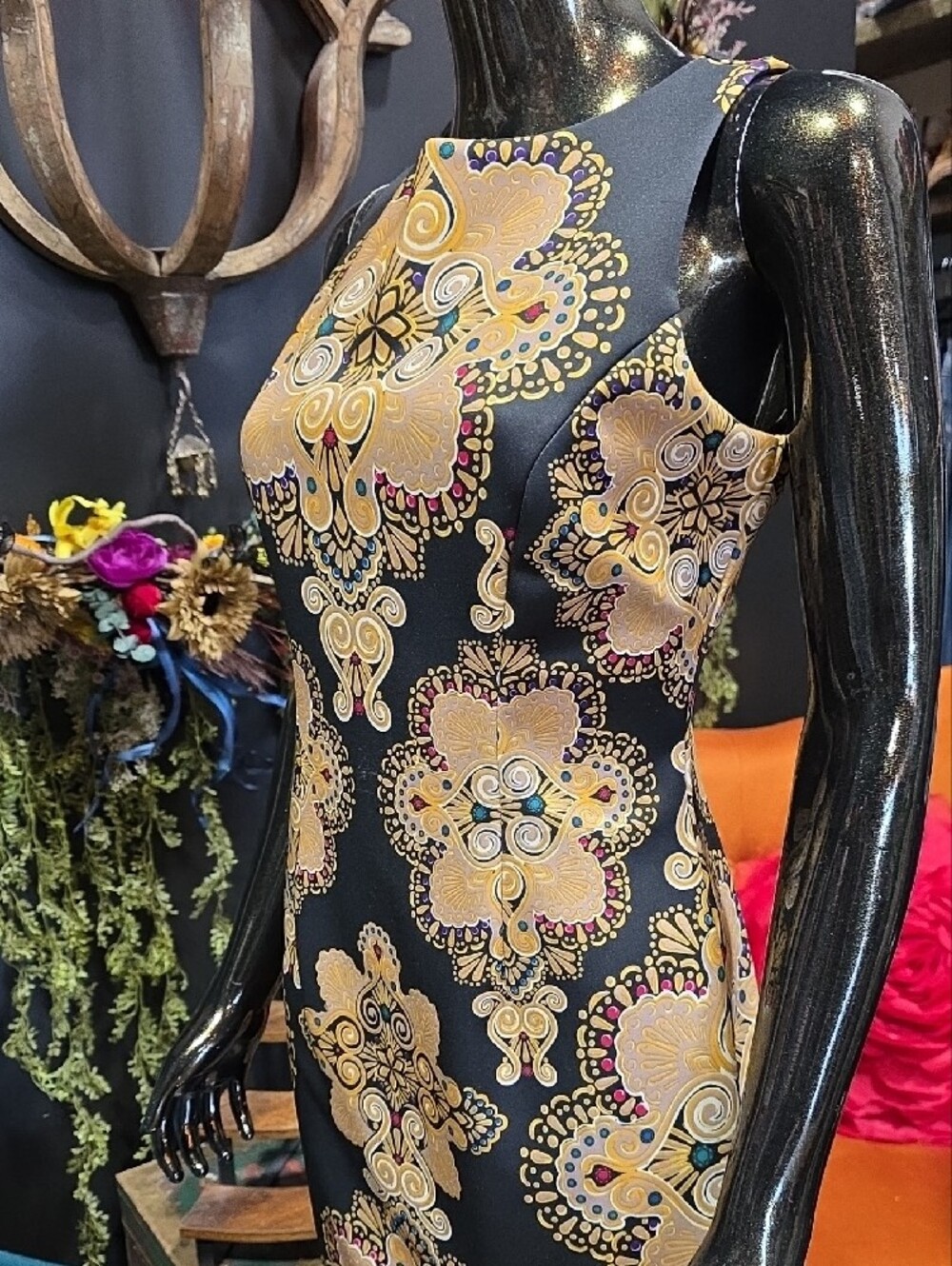New York & Company Black Midi Dress with Gold Medallion Print - Picture 7 of 11